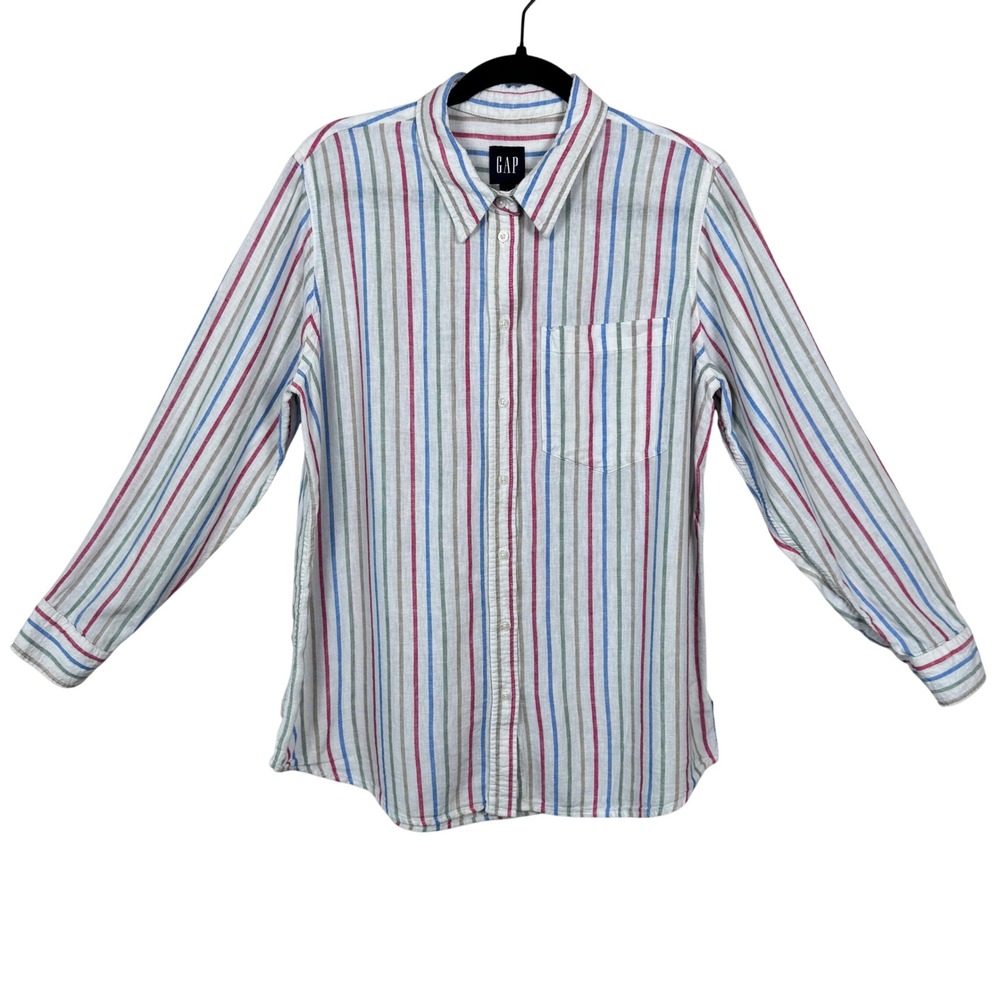 GAP Linen Blend Stripe Button‎ Up Shirt L Coastal Preppy Lightweight
